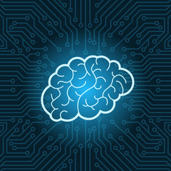 Neon Brain Icon Over Blue Circuit Motherboard Background Vector Illustration
