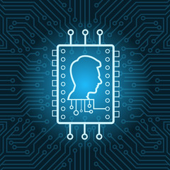 Human Head On Chip Icon Over Blue Circuit Motherboard Background Vector Illustration