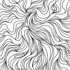 Background. Hand drawn lines. Hair texture. Monochrome wave pattern. Doodle for design. Line art. Illustration for coloring. Design for spiritual relaxation for adults. Black and white wallpaper