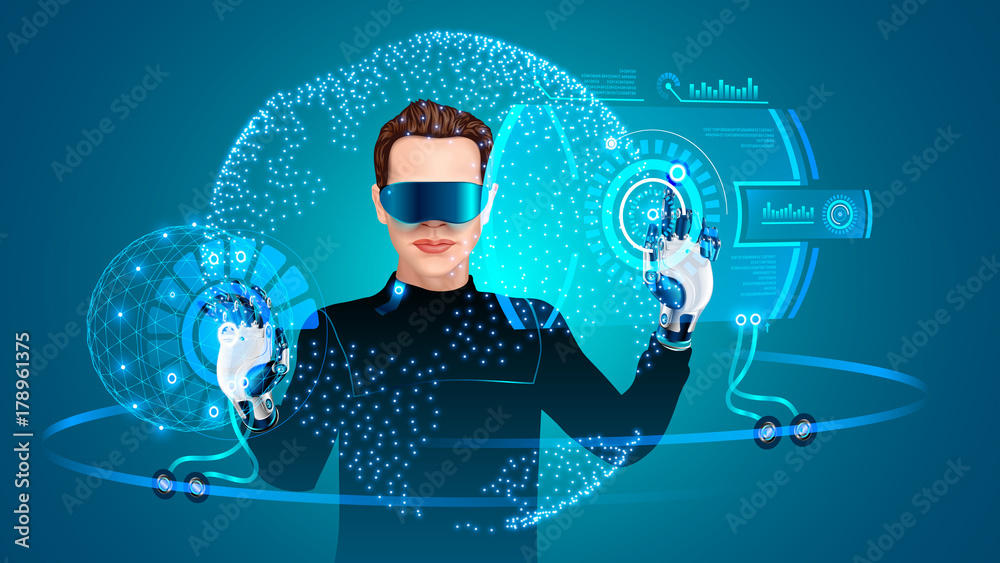 Aufkleber Man using Wearing Virtual Reality Headset. Man working with abstract HUD interface. System augmented reality replaces hands user on robotic arms.