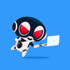 Cute Robot Wear Hacker Mask Use Laptop Isolated Icon On Blue Background Modern Technology Artificial Intelligence Concept Flat Vector Illustration