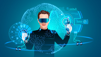 Man using Wearing Virtual Reality Headset. Man working with abstract HUD interface. System augmented reality replaces hands user on robotic arms.