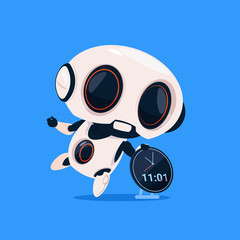 Cute Robot Hold Clock Reminder Isolated Icon On Blue Background Modern Technology Artificial Intelligence Concept Flat Vector Illustration