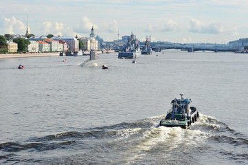 parade of warships on the river Neva in Saint-Petersburg