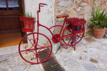 bicycle carrying flowers parking against the wall