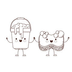 kawaii cartoon bucket with soapy water and sponge holding hands in brown dotted silhouette