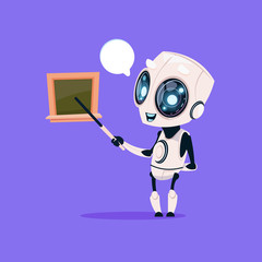 Cute Robot Teacher Hold Pointer Near School Board Isolated Icon On Blue Background Modern Technology Artificial Intelligence Concept Flat Vector Illustration