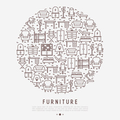 Furniture concept in circle with thin line icons of coach, bookcase, bed,  dresser, chair, lamp, floor hanger. Modern vector illustration for banner, web page, print media.