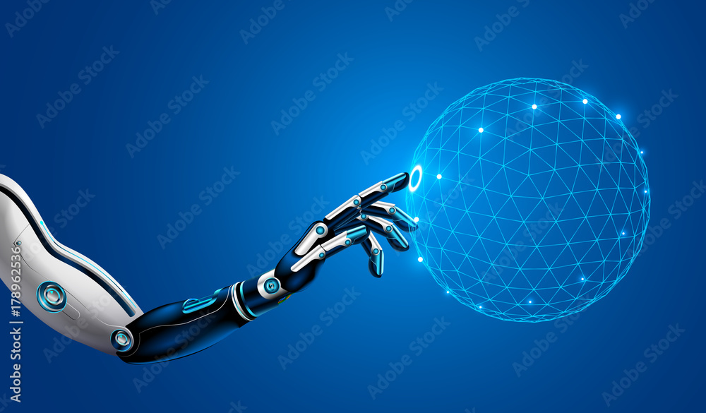 Poster Robotic hand working with virtual graphic interface. HUD