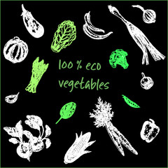 Hand drawn sketch set of vegetables. Vector illustration isolated on black background.