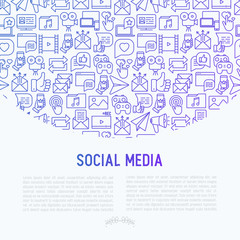 Social media concept with thin line icons: of thumbs up, share, link, send e-mail, music, stream, comments. Vector illustration for banner, web page, print media.