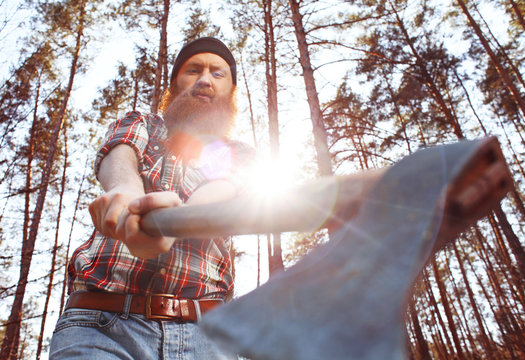 a lumberjack works with an axe in the forest