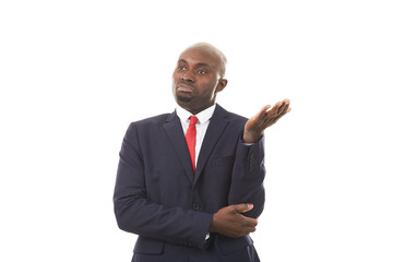 Portrait of African businessman in formal suit posing on white background