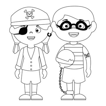 little kids disguised as a pirate and prisoner