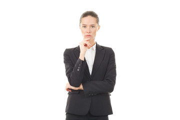 Portrait of young emotional businesswoman in formal suit on white background