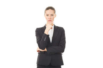 Portrait of young emotional businesswoman in formal suit on white background