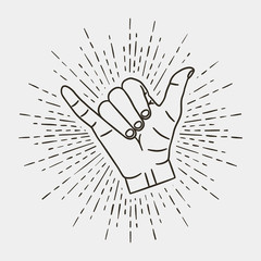 Shaka - surfing hand gesture with vintage sunburst. Vector illustration.