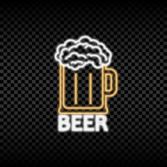 Beer neon sign with glass. Glowing and shining bright signboard of beer bar. Vector illustration.