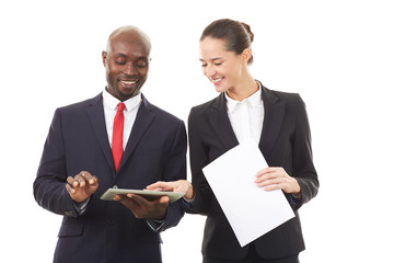 Portrait of African businessman and Caucasian businesswoman on white background