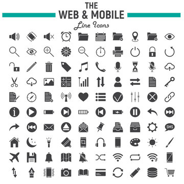Web and Mobile glyph icon set, os interface symbols collection, vector sketches, logo illustrations, web signs solid pictograms package isolated on white background, eps 10.