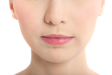 Closeup Shot of Woman lip on white background. Woman with Beauty Concept, Isolated on White...