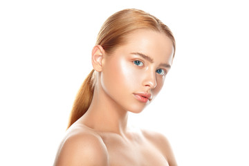 Fototapeta premium Beautiful woman portrait with fresh clear nude make up, healthy skin, skin care.