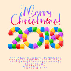 Vector funny Cube Merry Christmas 2018 Greeting Card. Set of caligraphic Letters, Numbers, Symbols.