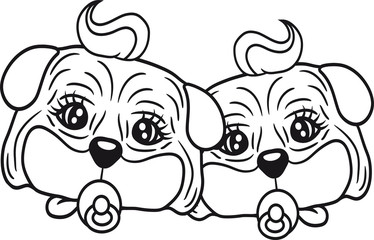 gesichter kopf 2 freunde geschwister brüder schwestern zwillinge kinder baby kind windel schnuller mops klein dick hund welpe süß niedlich haustier comic cartoon