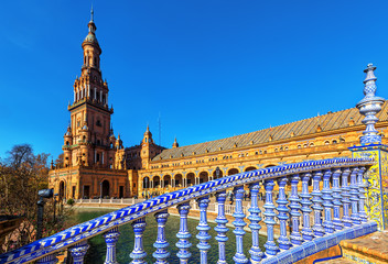 Bridge on Plaza Espana. Tiled ornaments. Seville (Sevilla), Andalusia, Spain. - obrazy, fototapety, plakaty