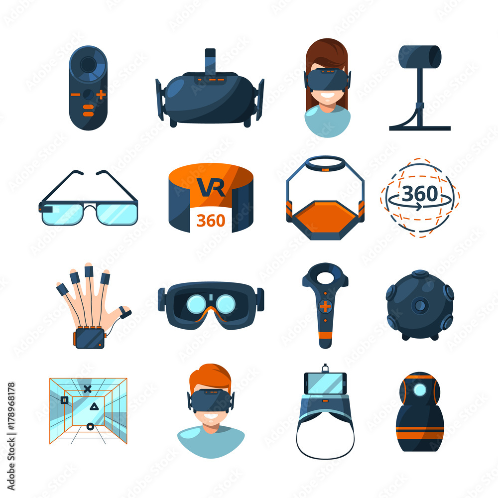Poster different symbols of virtual reality. electronic and computer technology of future. vector icons set