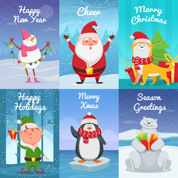 Cute christmas cards with funny characters. Vector pictures in cartoon style