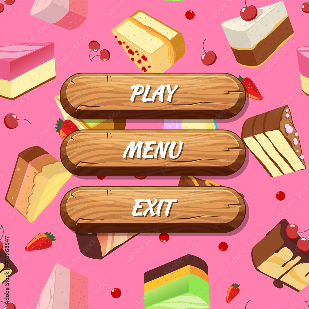 Wall mural vector cartoon style wooden buttons with text for game design on cake pieces background