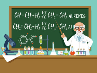 Professor in his laboratory for experiments. Medical and chemical ingredients. Vector background illustration