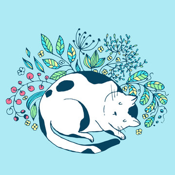 Cute cat sleeping in the grass and flowers - vector hand drawn illustration