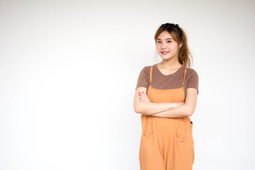 Beautiful young adult thai chinese bronze hair relax and smile