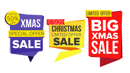 Christmas Sale Banner Set Vector. December Sale Banner. Website Stickers, Holidays Web Design. Up To 50 Percent Off Xmas Badges. Isolated Illustration