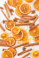 Background from dried oranges, cinnamon sticks, star anise