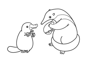 The ant-eater and the platypus. Coloring illustration.