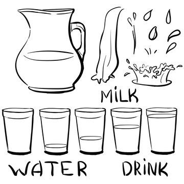Set doodle icons - Jug and glasses with a drink - milk, water - splashing and pouring  glass