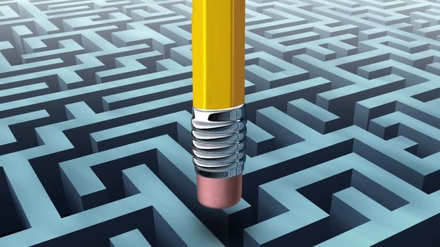 Leadership Solutions with a businessman walking through a complicated maze opened up by a pencil eraser as a business concept of innovative thinking for financial success.