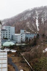 Cityscape with trees and mountain with snow on it in the morning in Hokkaido, Japan.