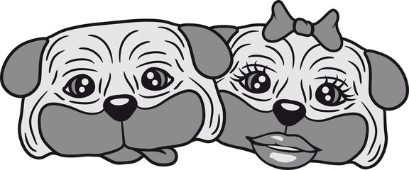 gesicht kopf paar pärchen liebe verliebt weiblich schön hübsch frau mädchen girl mops klein dick hund welpe süß niedlich haustier comic cartoon