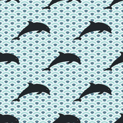Jumping dolphins, Seamless vector illustration, wave background