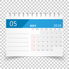 May 2018 calendar. Calendar planner design template. Week starts on Sunday. Business vector illustration.