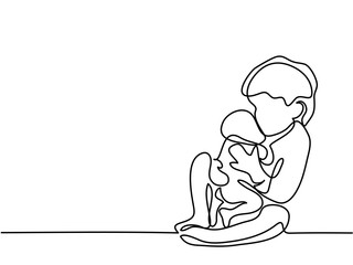 Continuous line drawing. Happy toddler girl playing with her newborn baby brother. Vector illustration