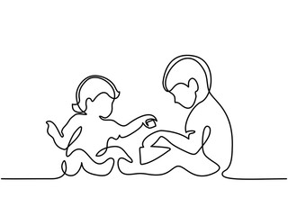 Continuous line drawing. Happy toddler boy playing with his baby sister. Vector illustration