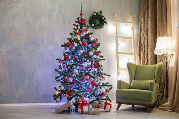 room with Christmas decorations Christmas tree gifts