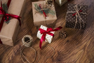 christmas gifts on wooden background