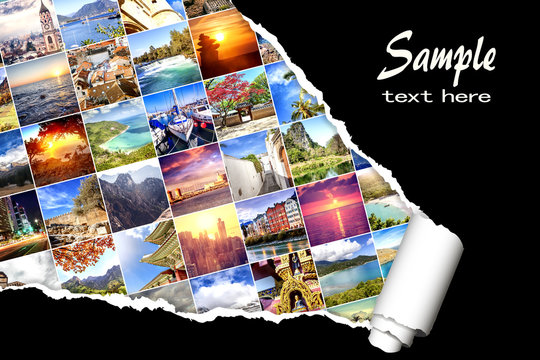 Background with many photos from vacation and travel, destination all over the world, with  effect of ripped paper. Design, advertising, concept