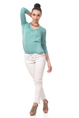 slender girl in white pants, isolated on white